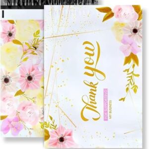 100x Poly Mailers 10x13 Inch Mailing Bags Colorful Thank You Designs with Self Seal Tear & Waterproof Shipping Envelopes for Packaging, Small Business & E-Commerce (Purple Flowers Thank You)